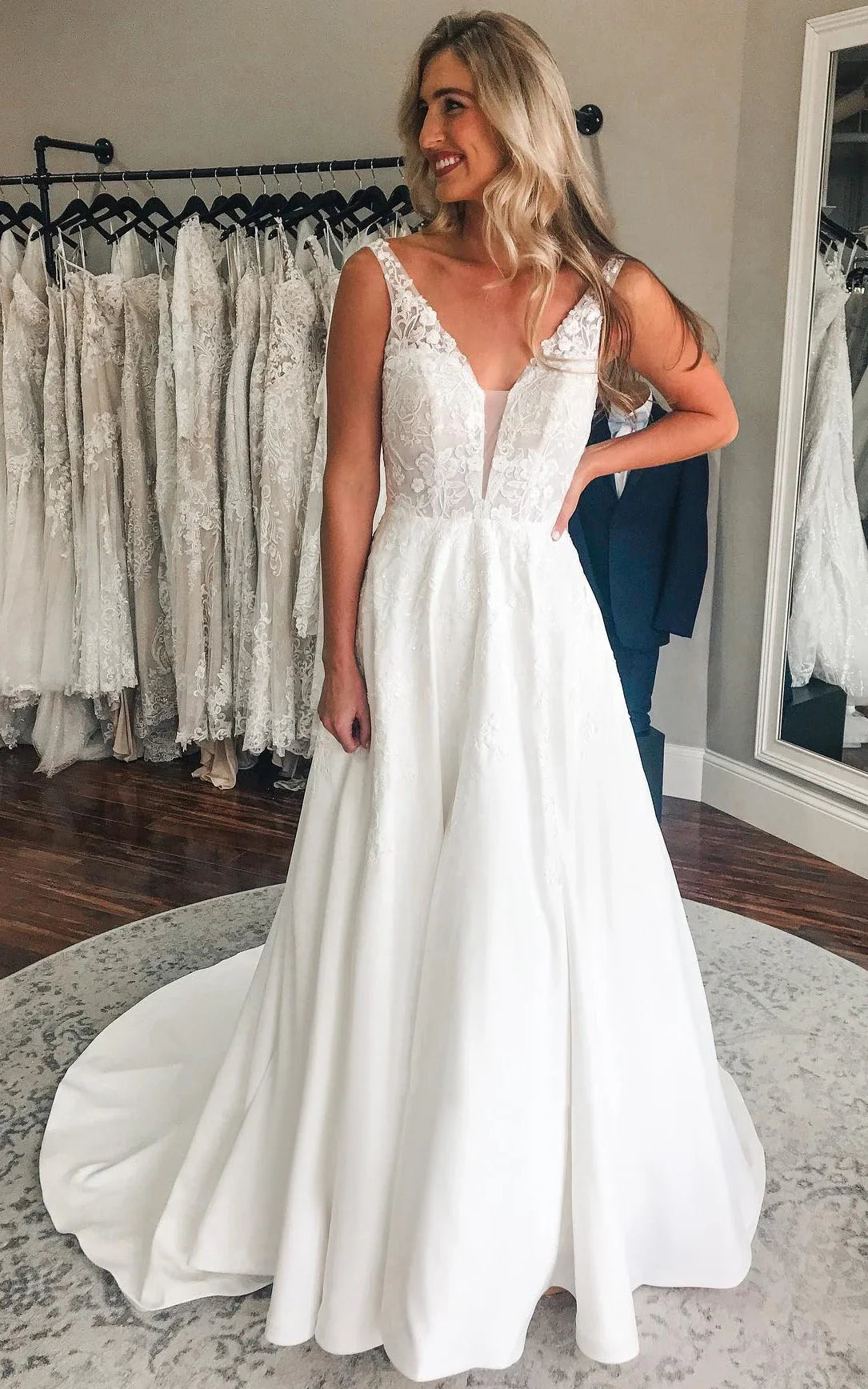 Plunging Neckline A-Line Satin Wedding Dress With Low-V Back And Appli Plunging Neckline A-Line Satin Wedding Dress With Low-V Back And Appli