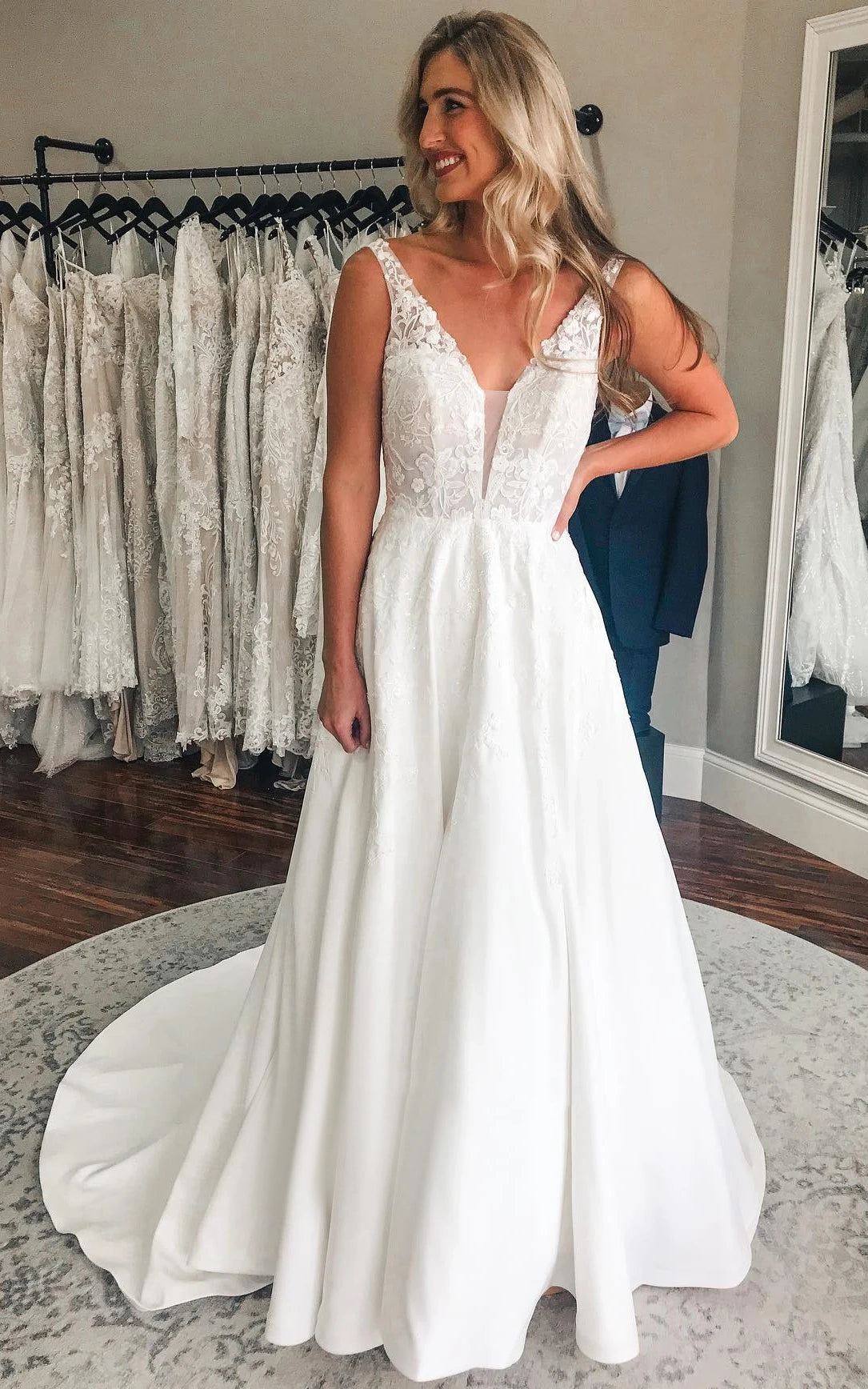 Sansa | Plunging Neckline A-Line Satin Wedding Dress With Low-V Back And Appliques