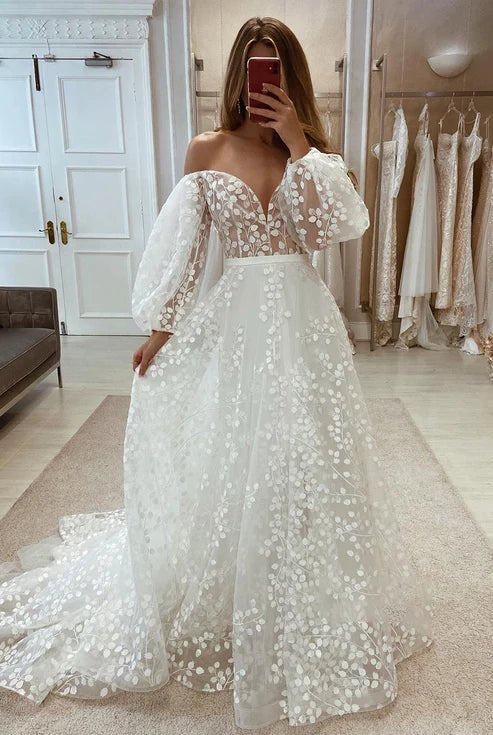 Plunging V-Neck Allover Lace Bohemian Wedding Dress with Sleeves