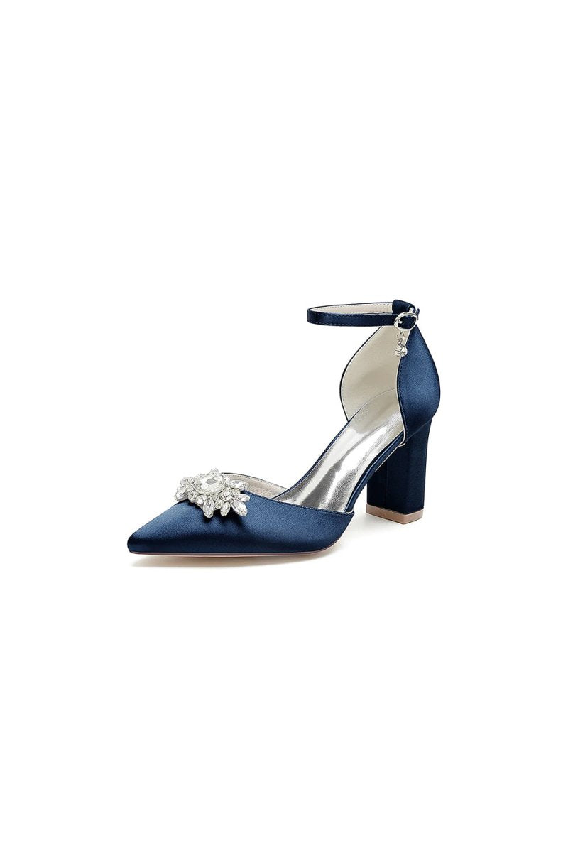 Pointed Toe Ankle Strap Chunky Heel With Rhinestone - KissProm