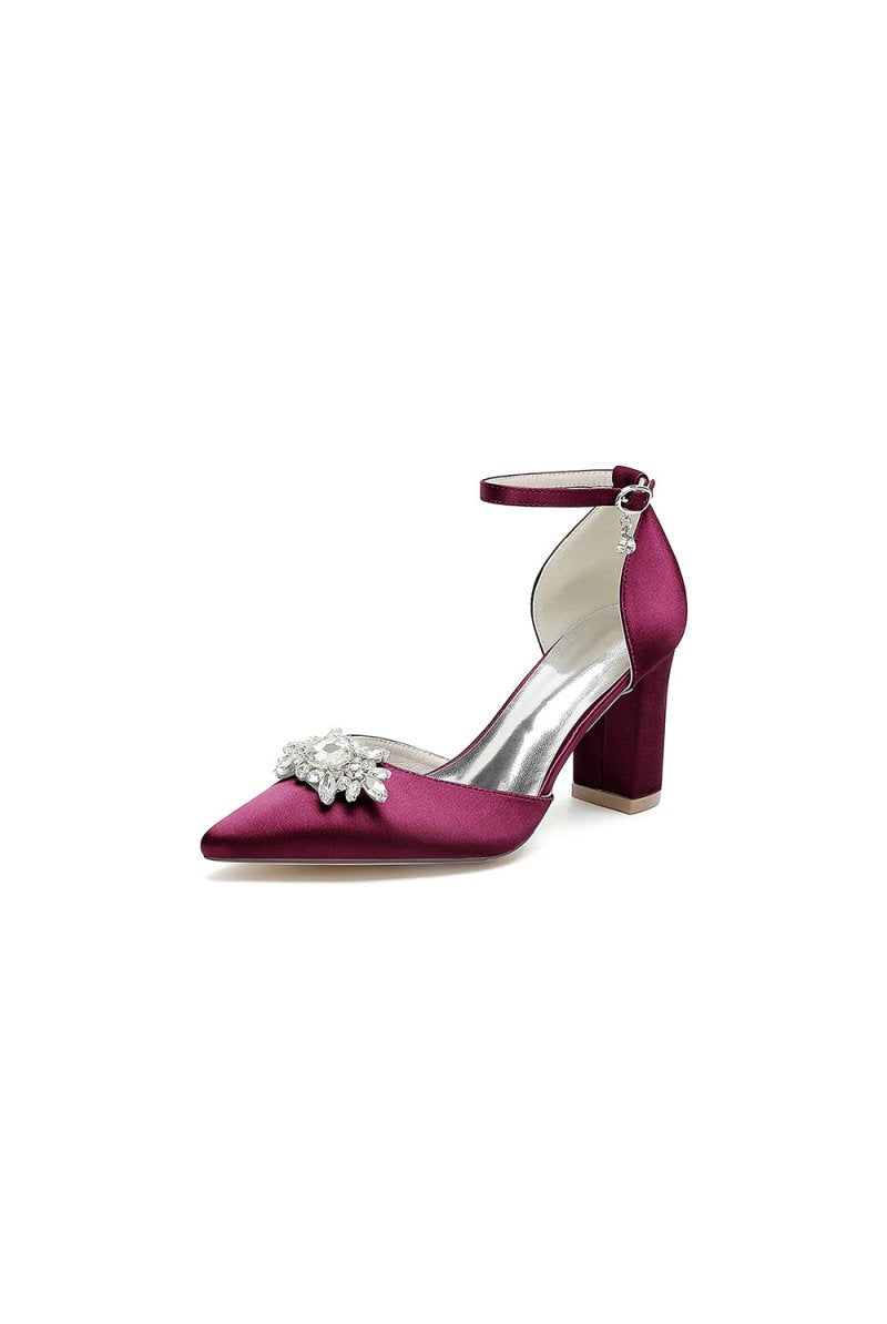 Pointed Toe Ankle Strap Chunky Heel With Rhinestone - KissProm