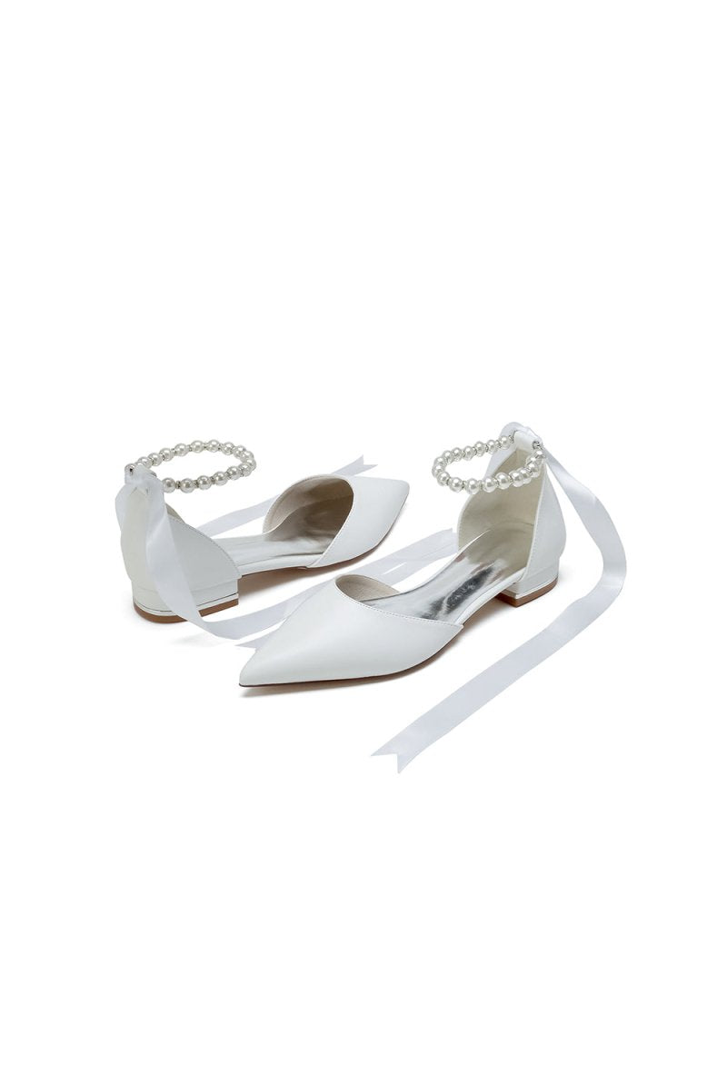 Pointed Toe Ankle Strap Pearl Beaded Ivory Ribbons Low Heels - KissProm