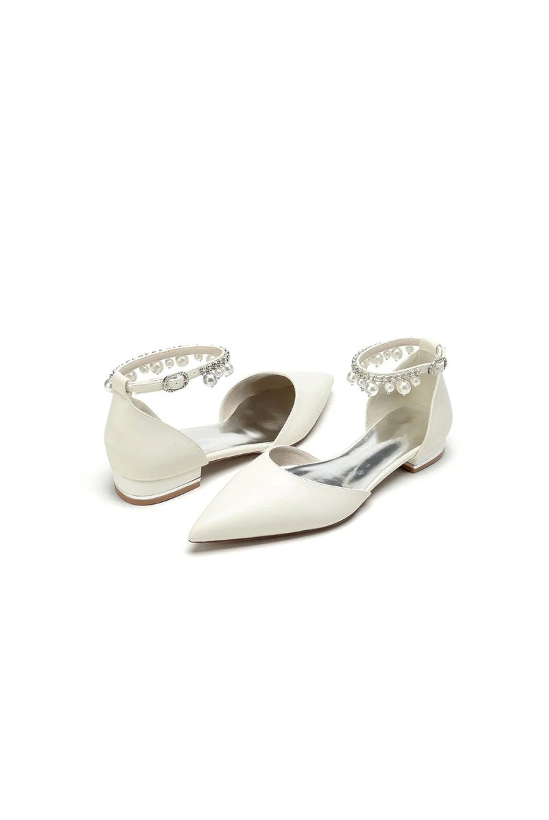 Pointed Toe Ankle Strap Pearl Beaded Low Heels - KissProm