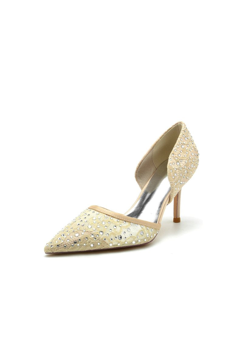 Pointed Toe Beaded Lace Wedding Stiletto Heels - KissProm