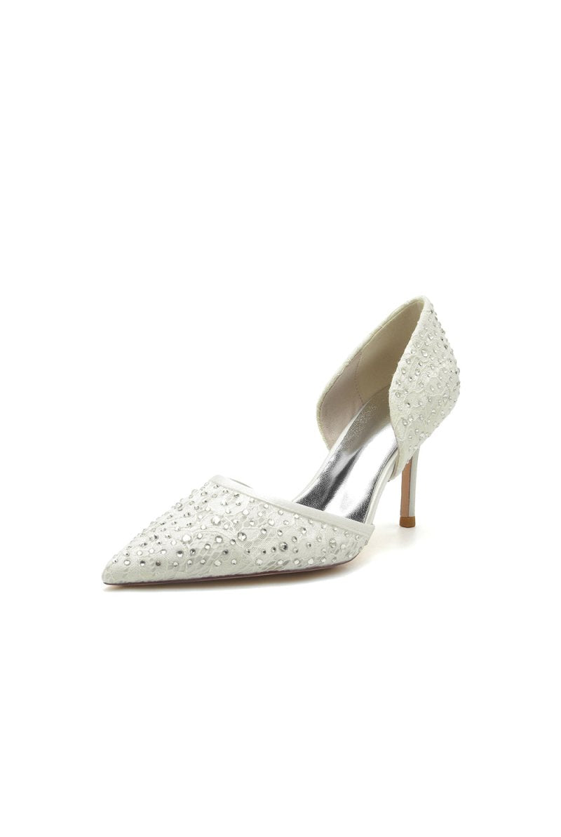 Pointed Toe Beaded Lace Wedding Stiletto Heels - KissProm