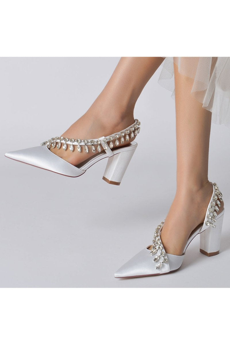 Pointed Toe Beaded Slip - on Satin Chunky Heels - KissProm