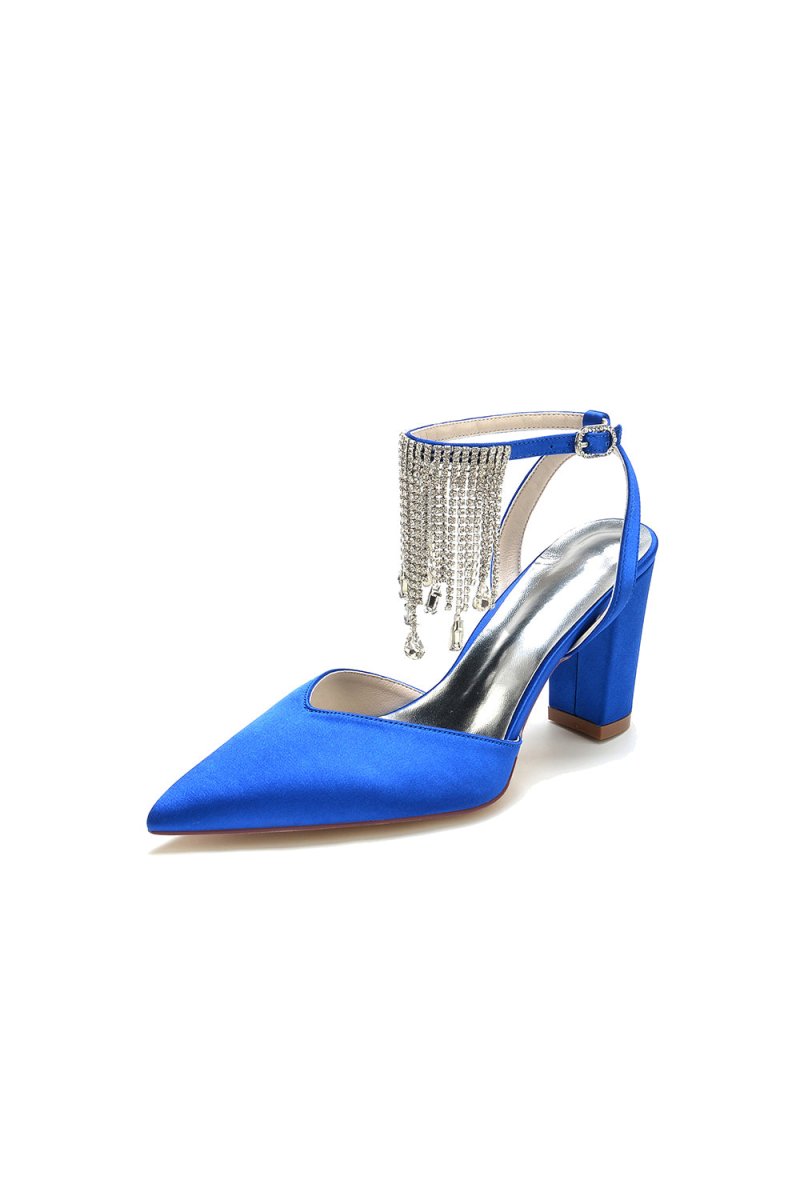 Pointed Toe Beading Tassel Satin Chunky Heels - KissProm