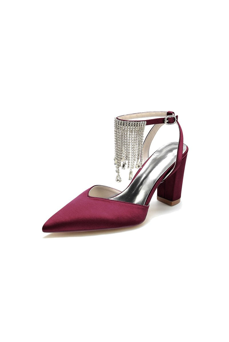 Pointed Toe Beading Tassel Satin Chunky Heels - KissProm