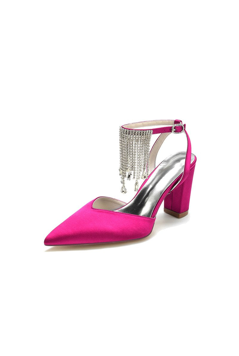 Pointed Toe Beading Tassel Satin Chunky Heels - KissProm