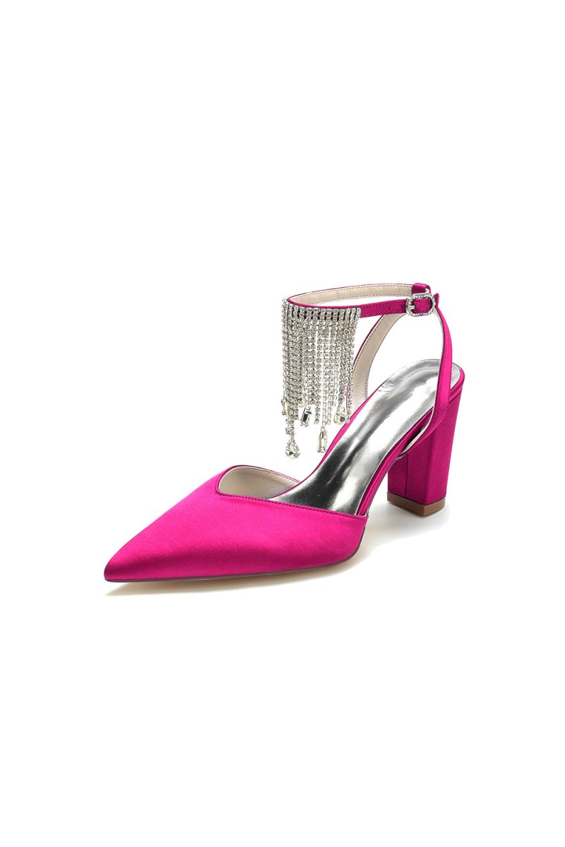 Pointed Toe Beading Tassel Satin Chunky Heels - KissProm