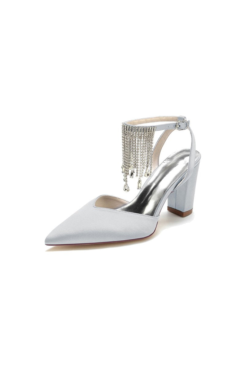 Pointed Toe Beading Tassel Satin Chunky Heels - KissProm