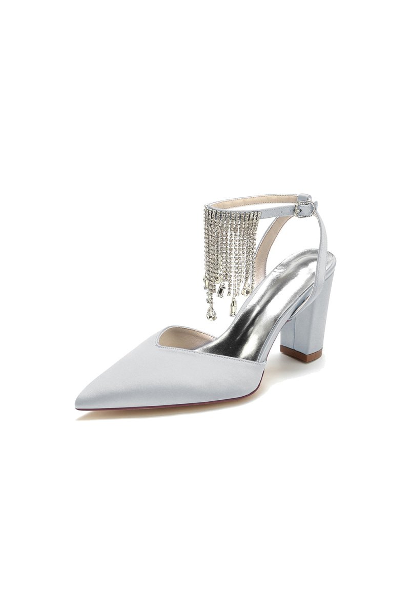 Pointed Toe Beading Tassel Satin Chunky Heels - KissProm
