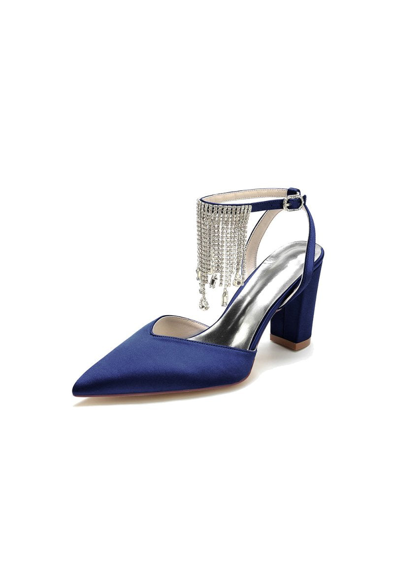 Pointed Toe Beading Tassel Satin Chunky Heels - KissProm