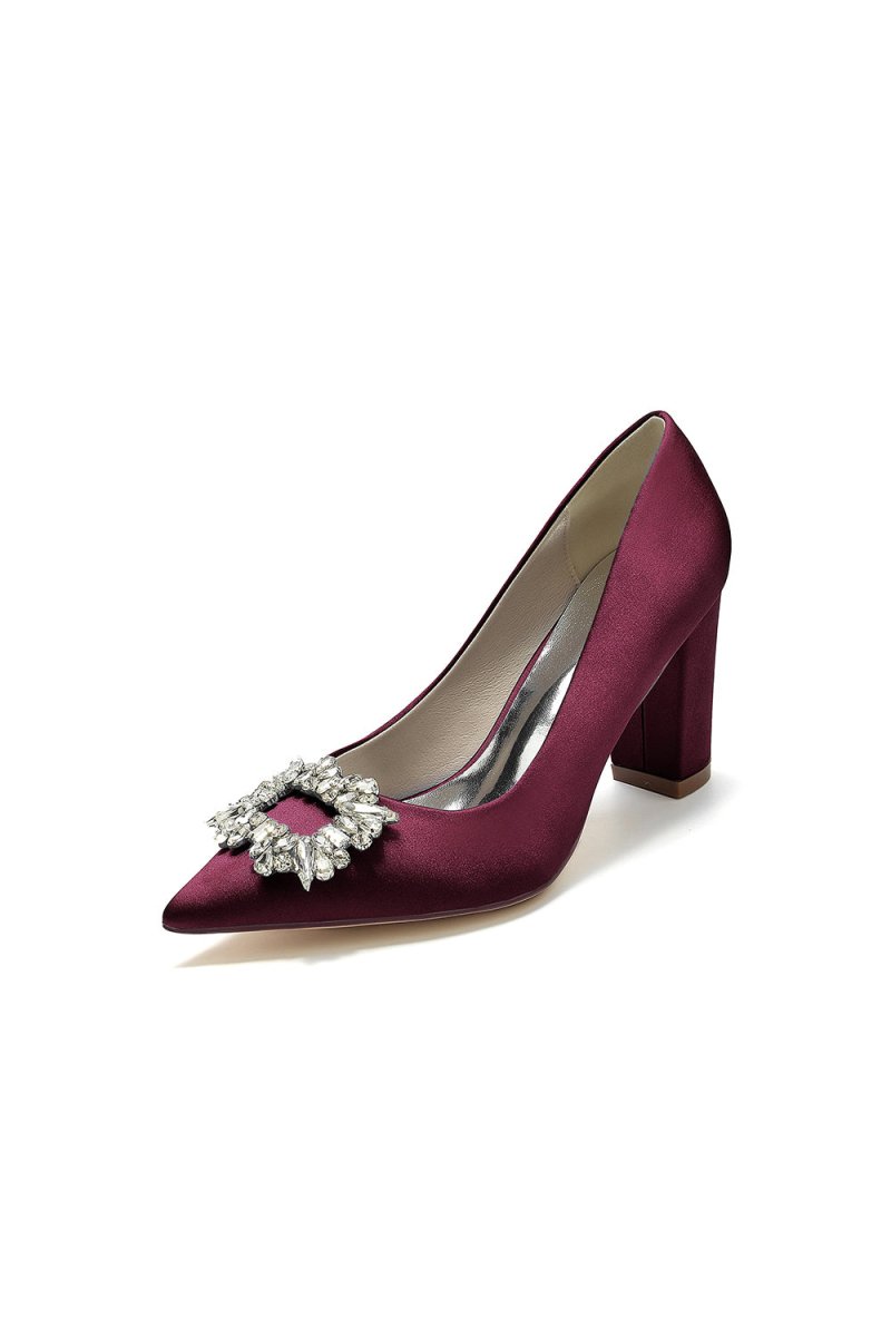 Pointed Toe Block Heels with Rhinestone