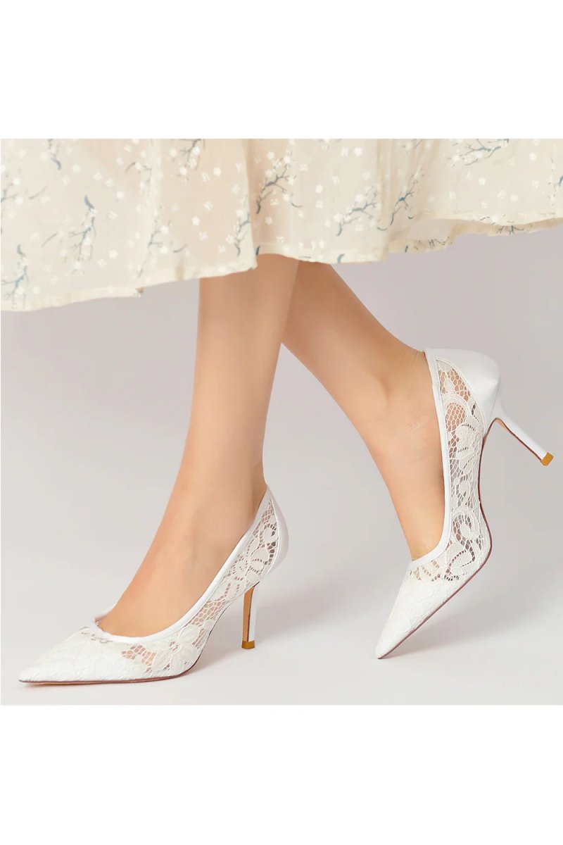 Pointed Toe Bridal Heels with Lace - KissProm