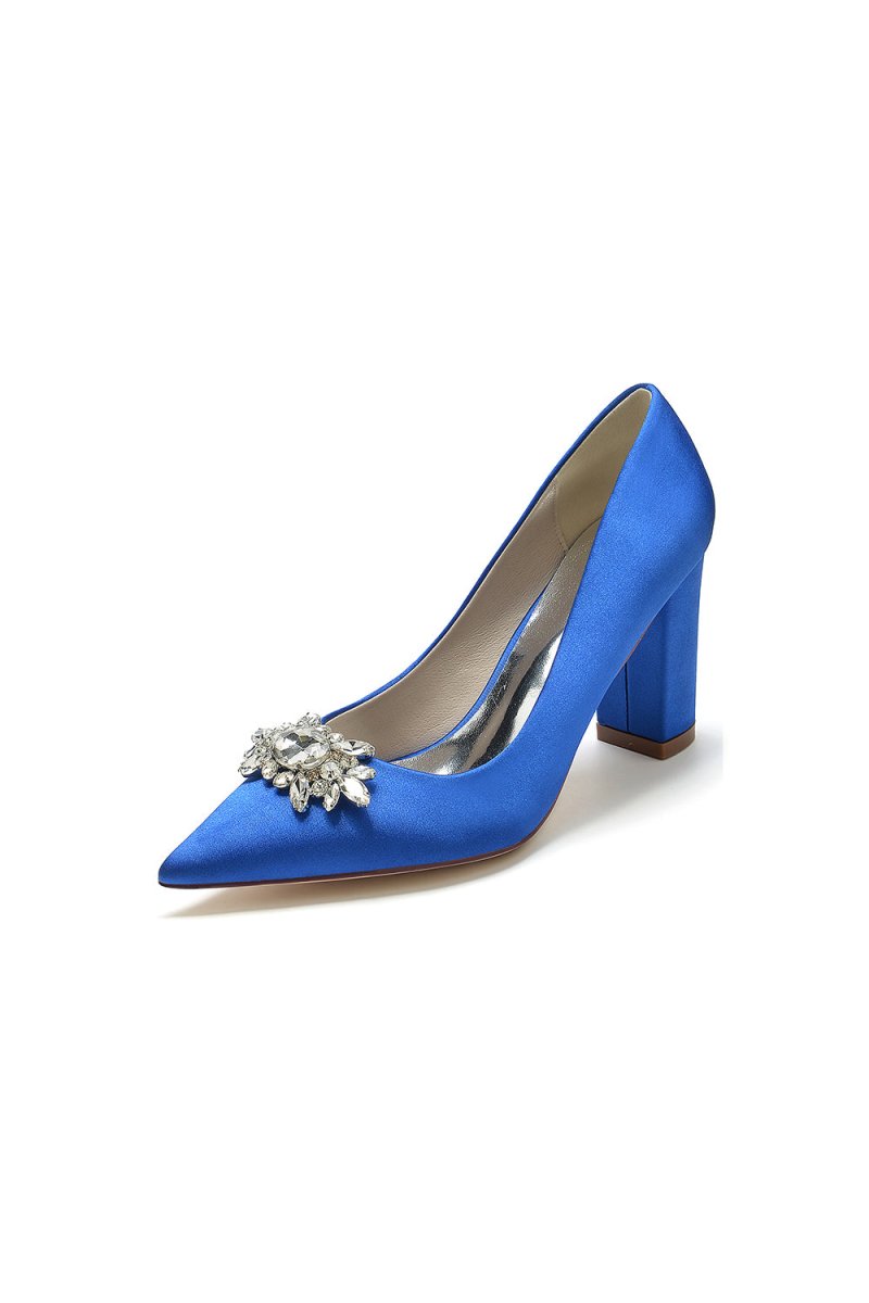 Pointed Toe Chunky Heels with Rhinestone - KissProm