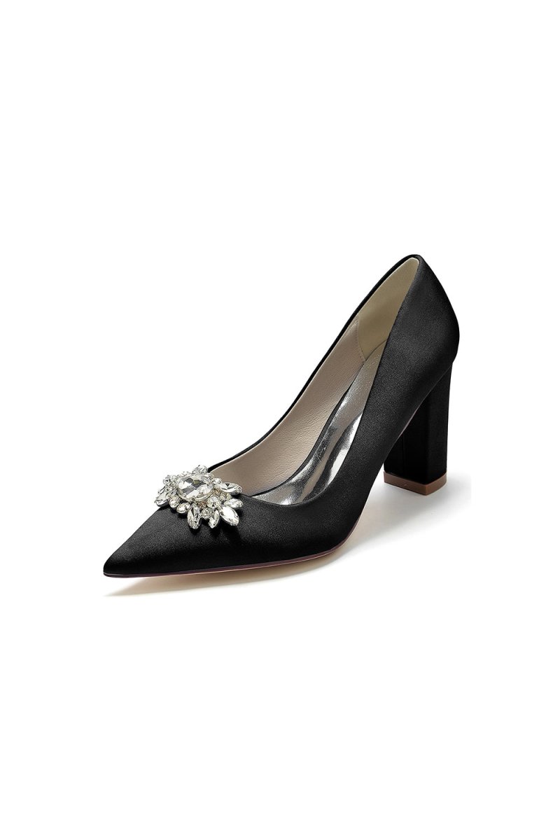 Pointed Toe Chunky Heels with Rhinestone - KissProm