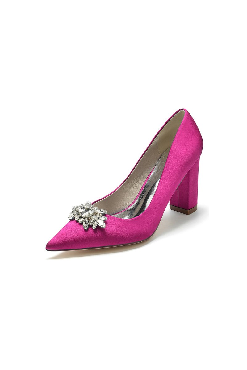 Pointed Toe Chunky Heels with Rhinestone - KissProm