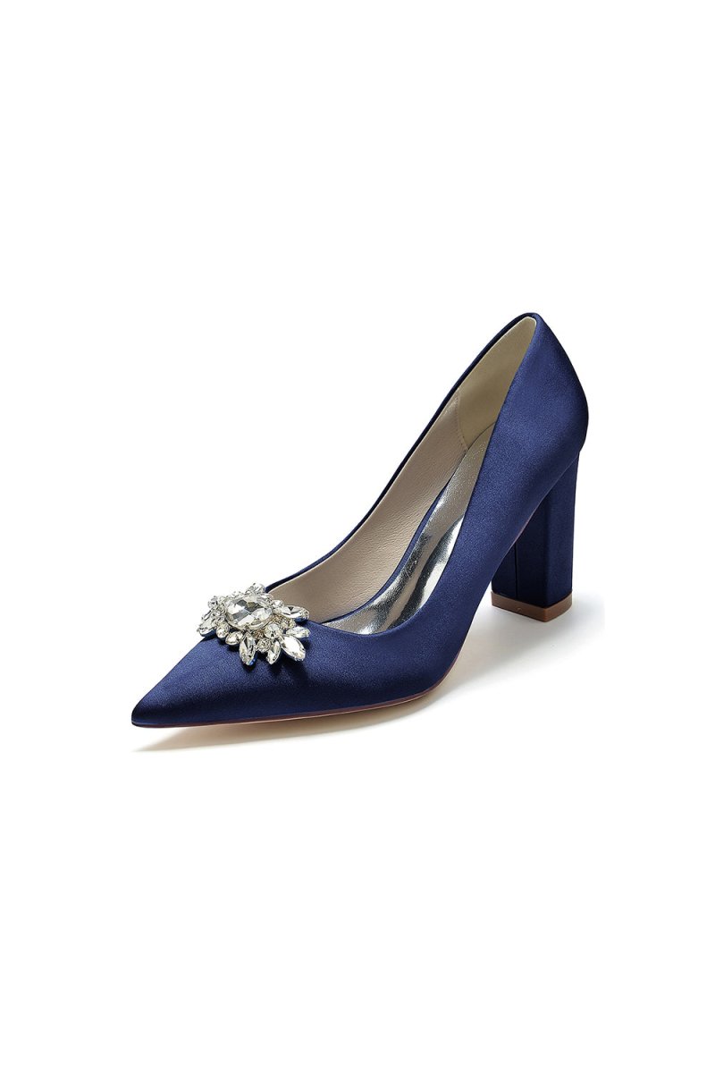 Pointed Toe Chunky Heels with Rhinestone - KissProm