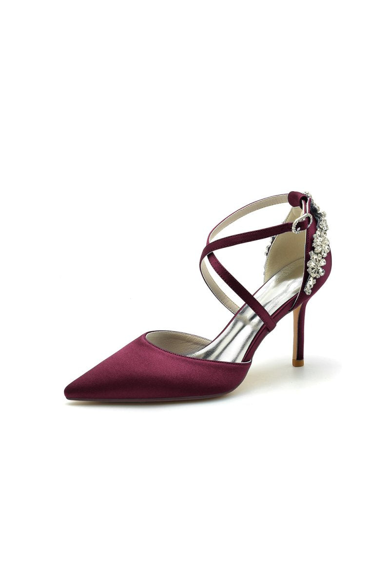 Pointed Toe Cross Strap With Rhinestones Stiletto Heels - KissProm