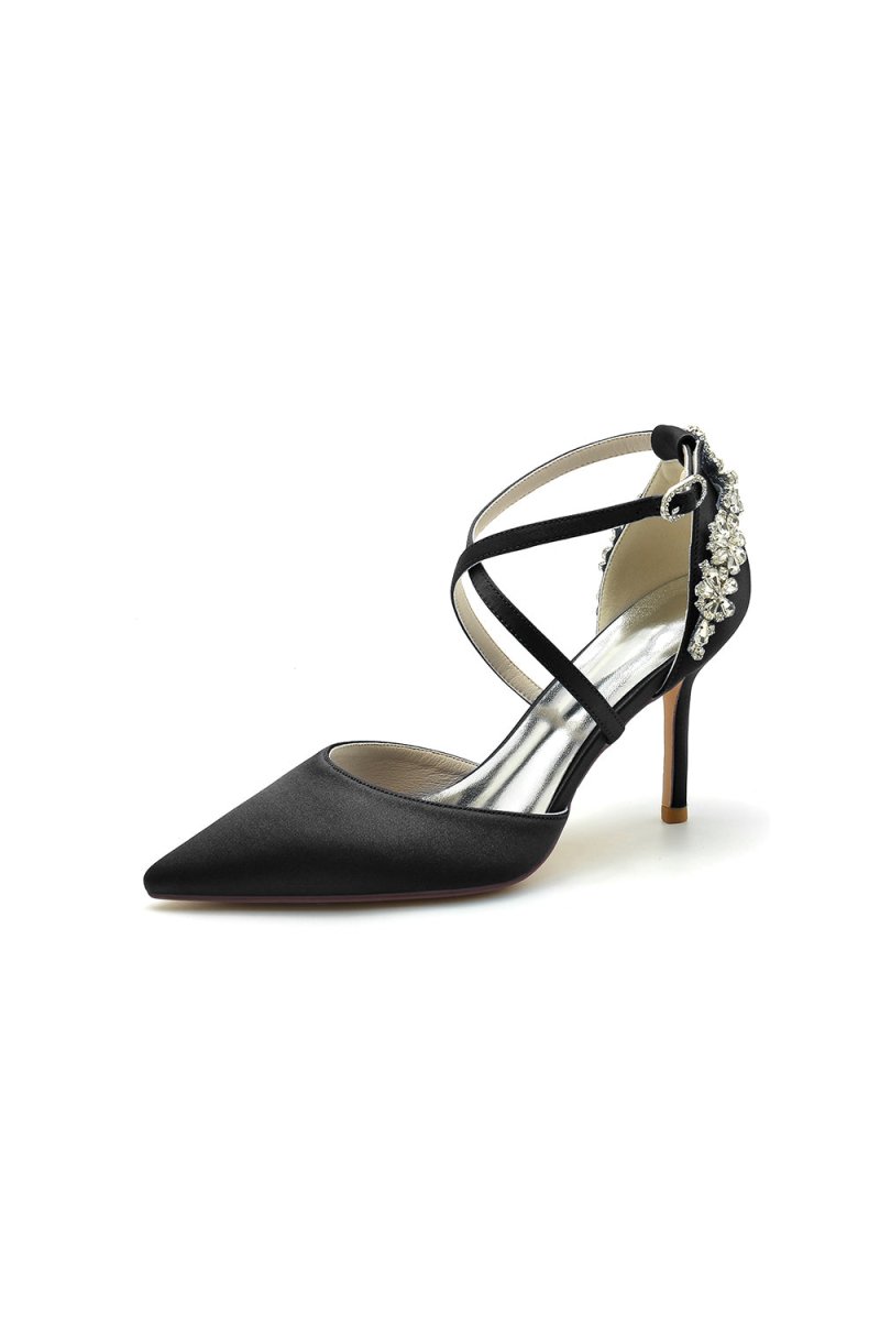 Pointed Toe Cross Strap With Rhinestones Stiletto Heels - KissProm
