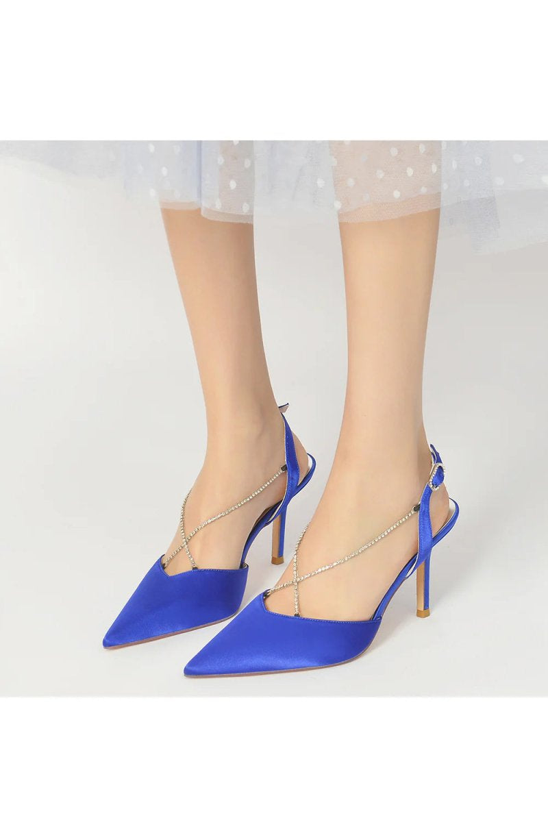 Pointed Toe Crystal Ankle Strap Stiletto Heels - KissProm