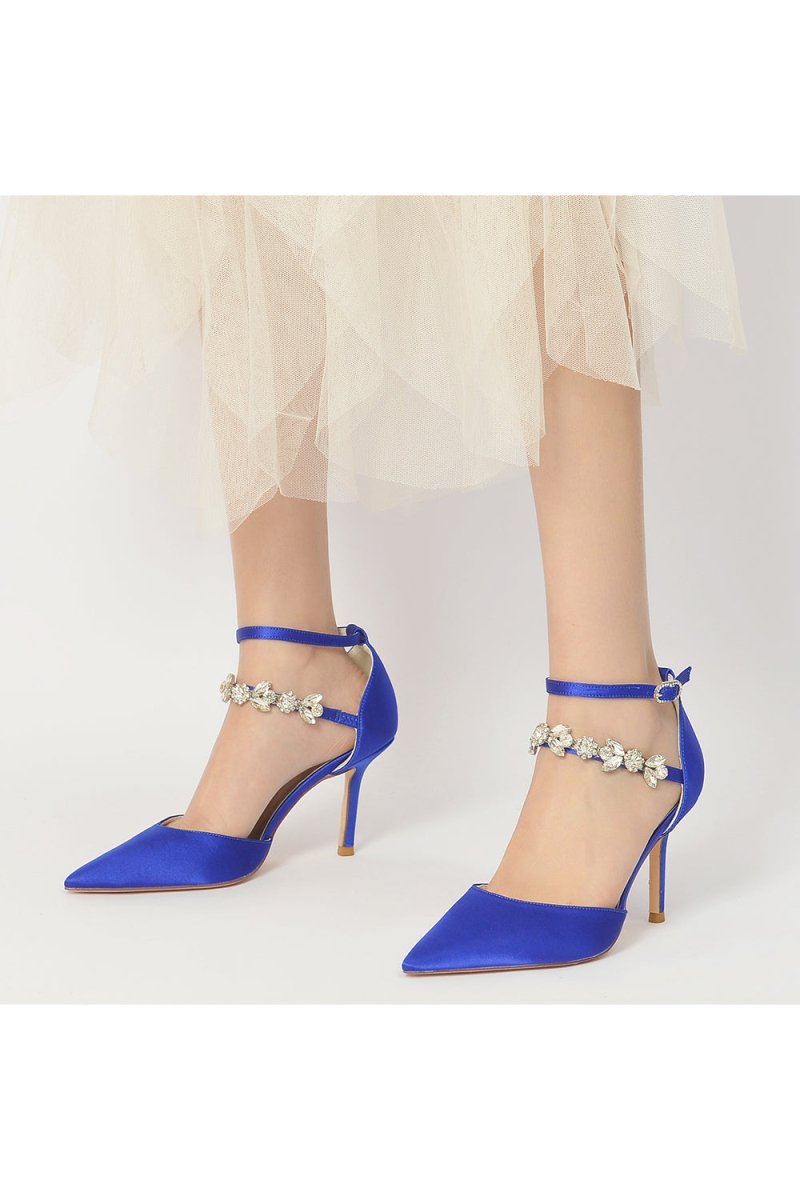 Pointed Toe Crystal Buckle Strap High Heels - KissProm