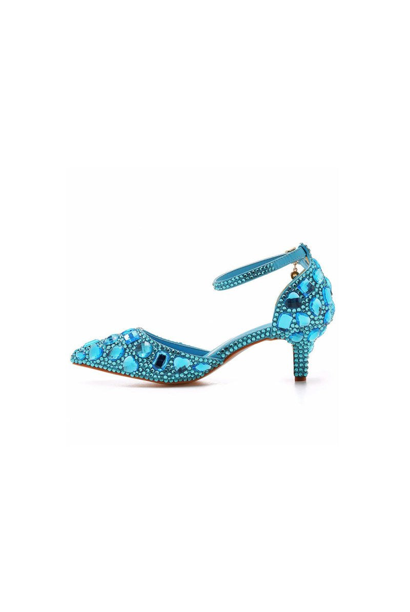 Pointed Toe Crystal Diamond Ankle Strap Kitten Heels - KissProm