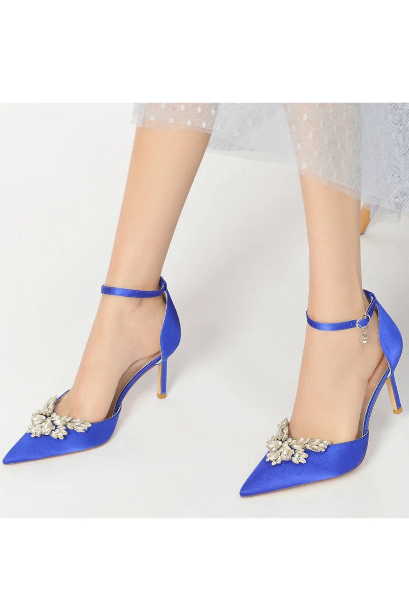 Pointed Toe Crystal Party Ankle Strap Heels Shoes - KissProm