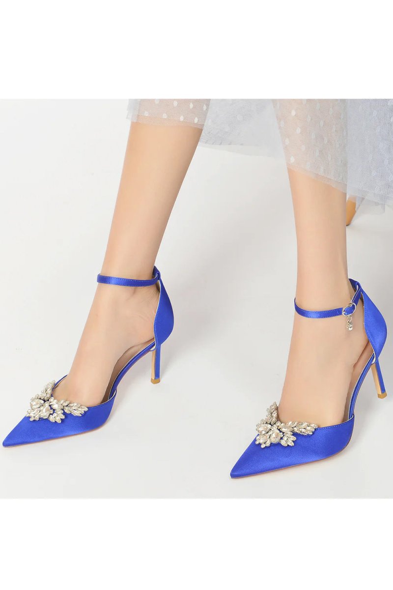 Pointed Toe Crystal Party Ankle Strap Heels Shoes - KissProm