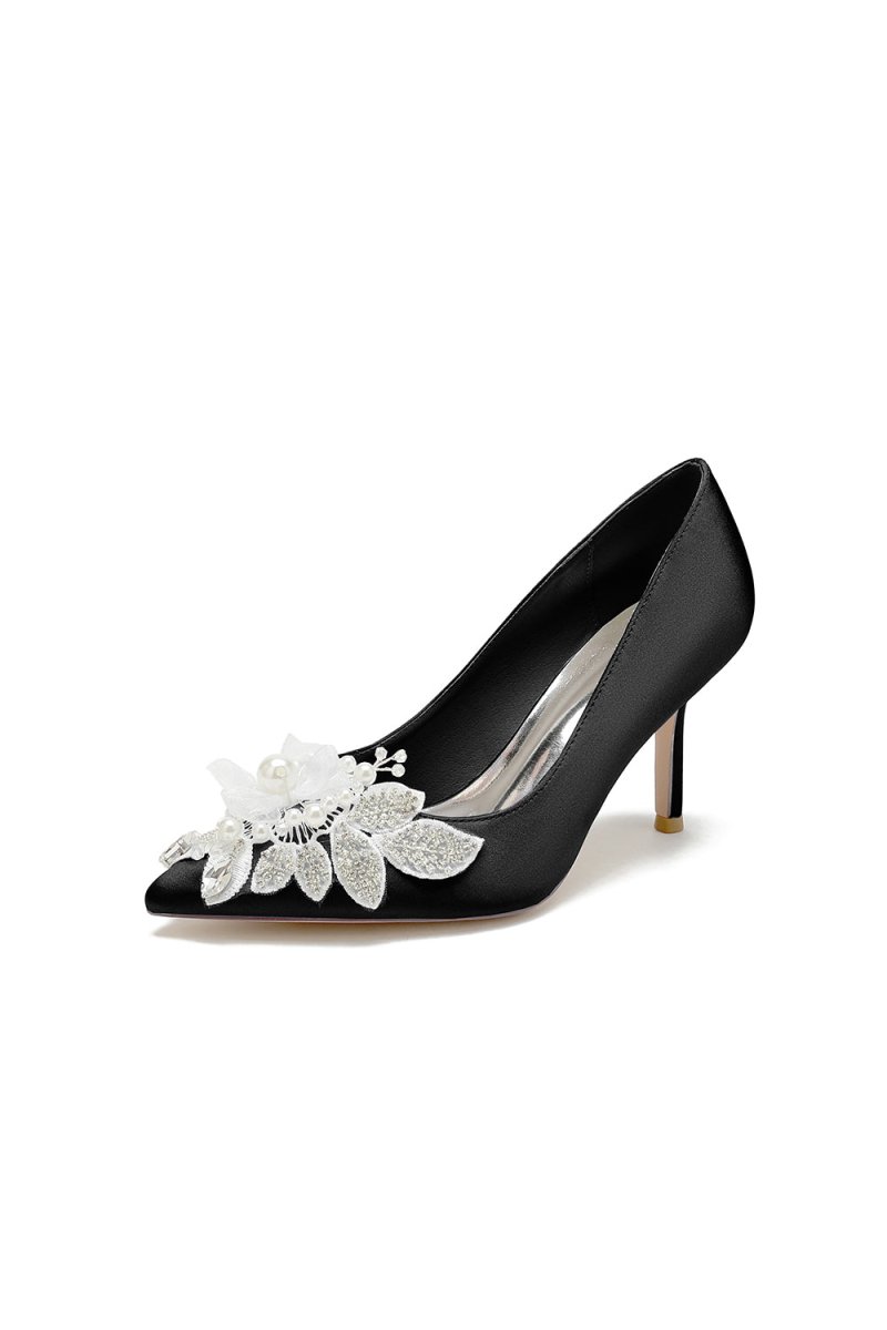 Pointed Toe Satin Bridal Heels with Crystal Flower - KissProm