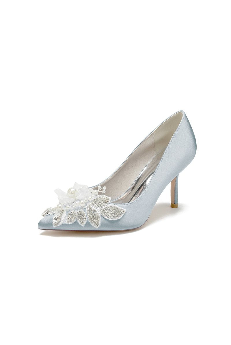 Pointed Toe Satin Bridal Heels with Crystal Flower - KissProm