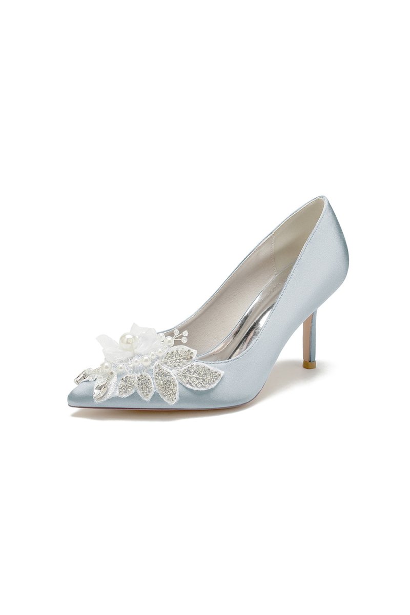Pointed Toe Satin Bridal Heels with Crystal Flower - KissProm