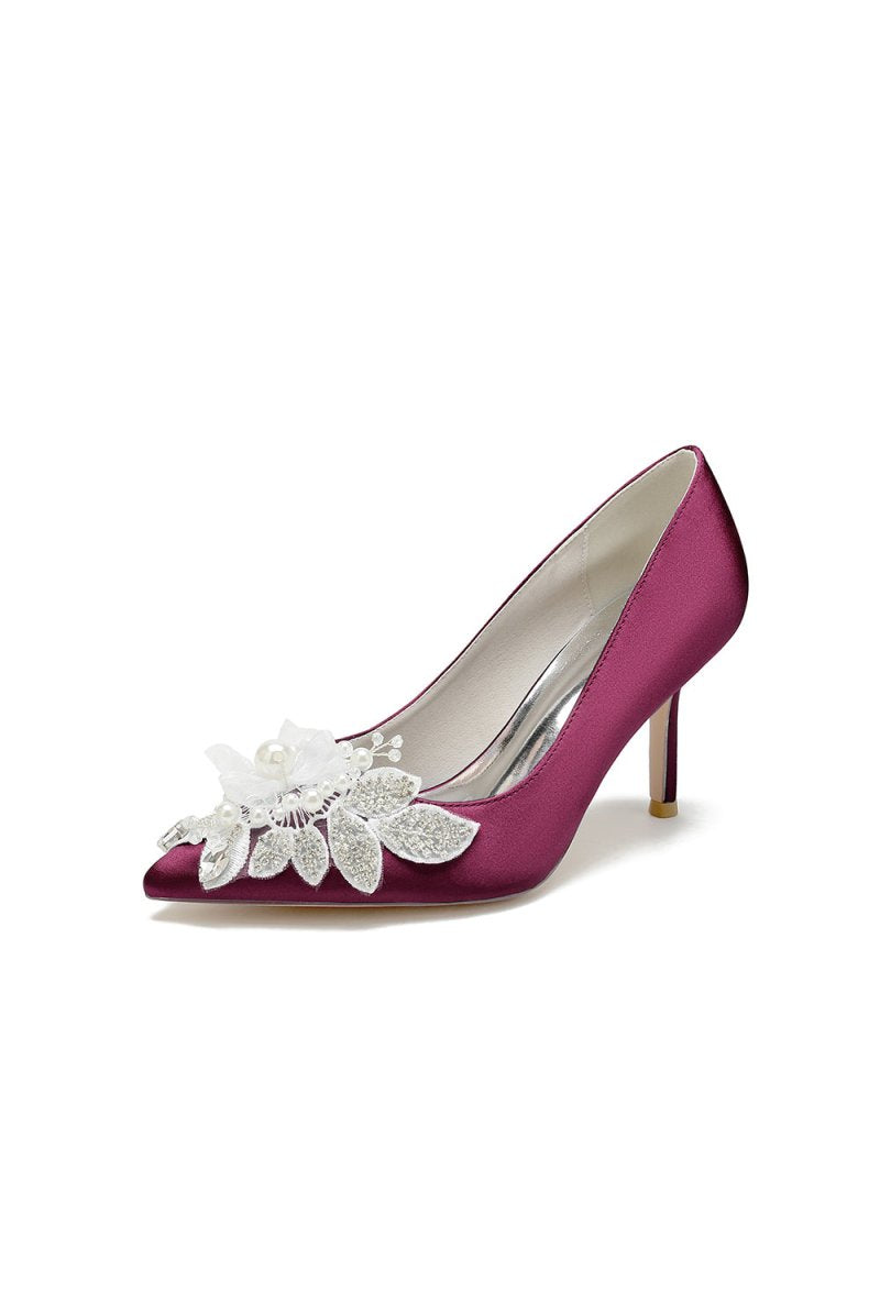 Pointed Toe Satin Bridal Heels with Crystal Flower - KissProm