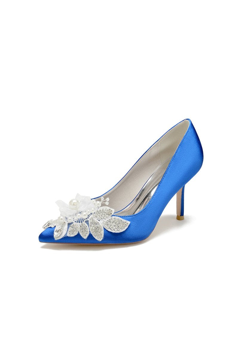 Pointed Toe Satin Bridal Heels with Crystal Flower - KissProm