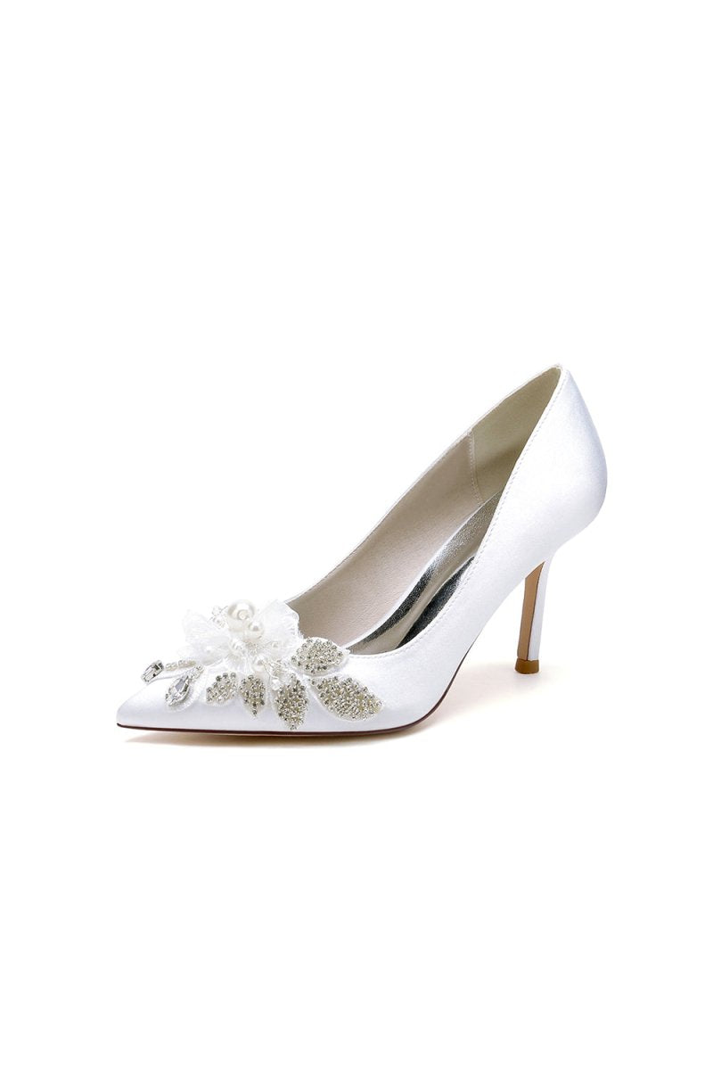 Pointed Toe Satin Bridal Heels with Crystal Flower - KissProm