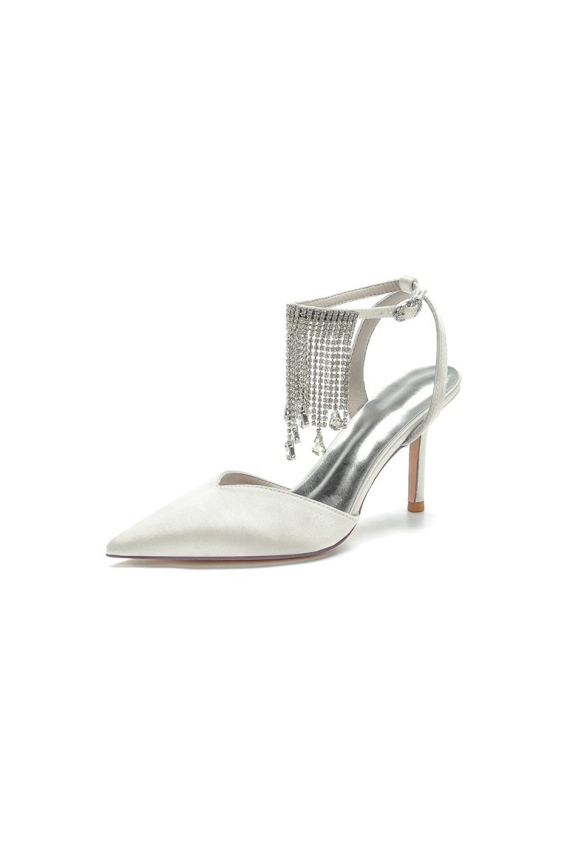 Pointed Toe Crystal Tassel Strap Heels - KissProm