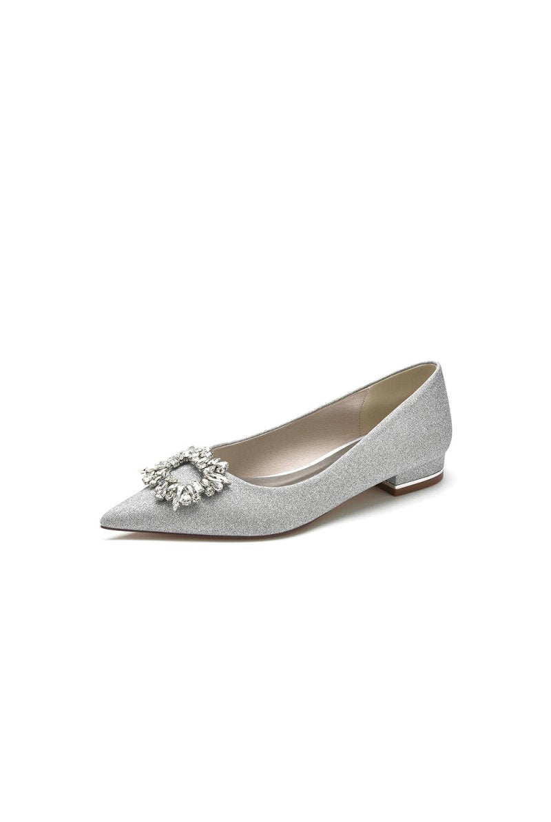 Pointed Toe Glitter Wedding Low Heels With Rhinestone - KissProm