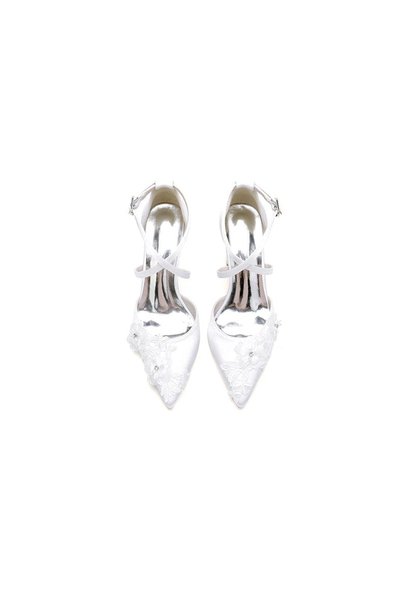 Pointed Toe Ivory Chunky Heels with Lace - KissProm