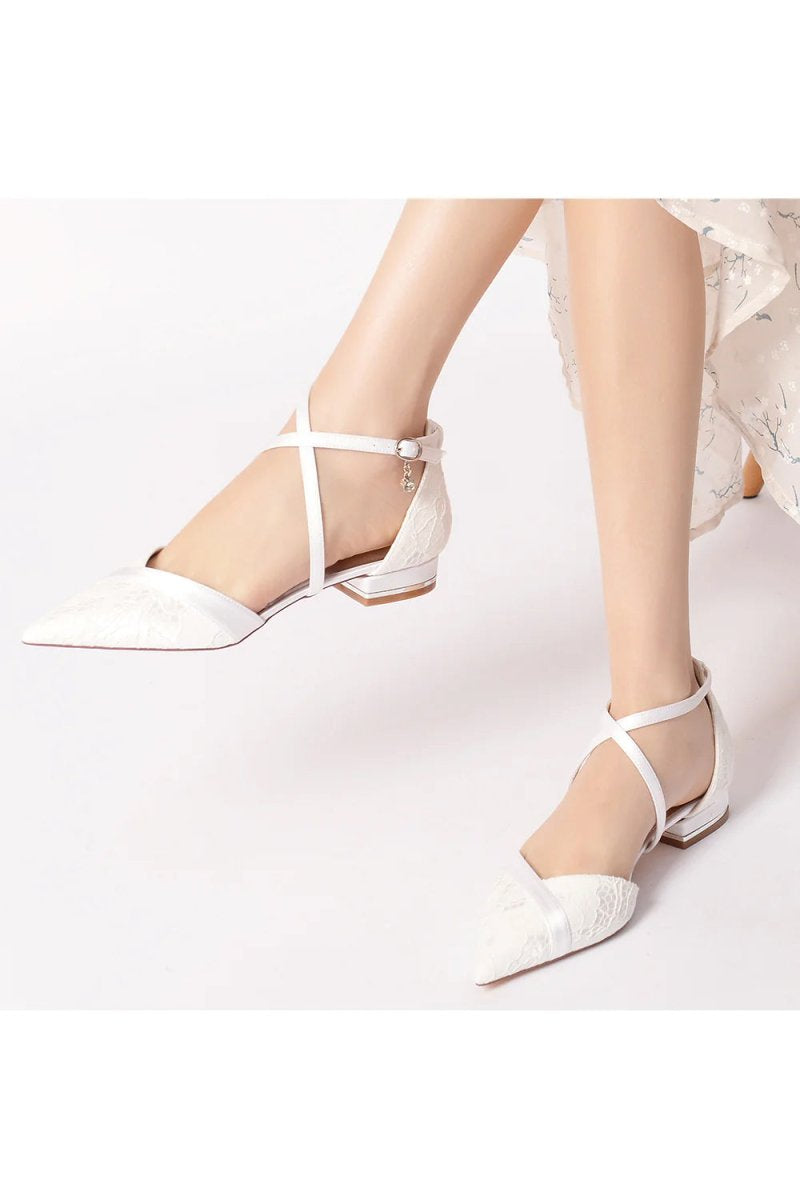 Pointed Toe Lace Ankle Strap Kitten Heels - KissProm