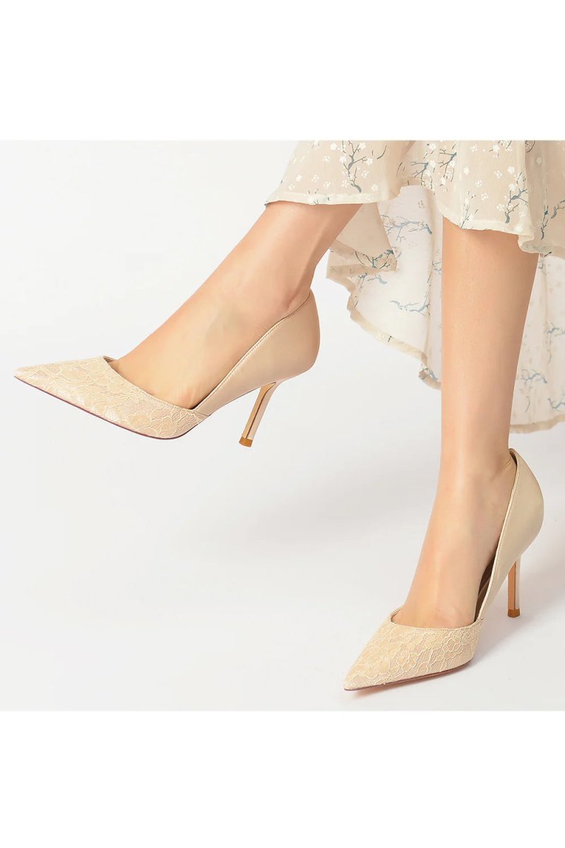 Pointed Toe Lace Pattern Stiletto Heels - KissProm