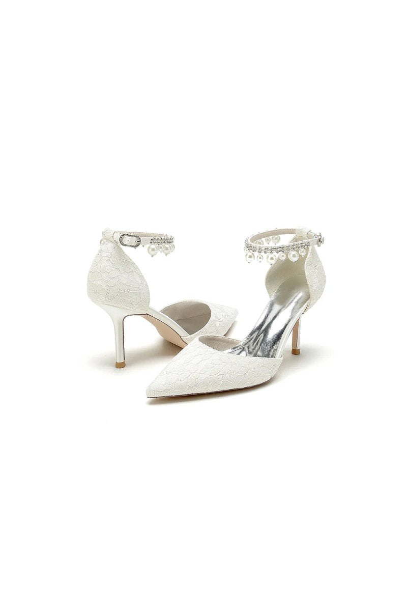 Pointed Toe Bridal Heels Pearl Strap - KissProm