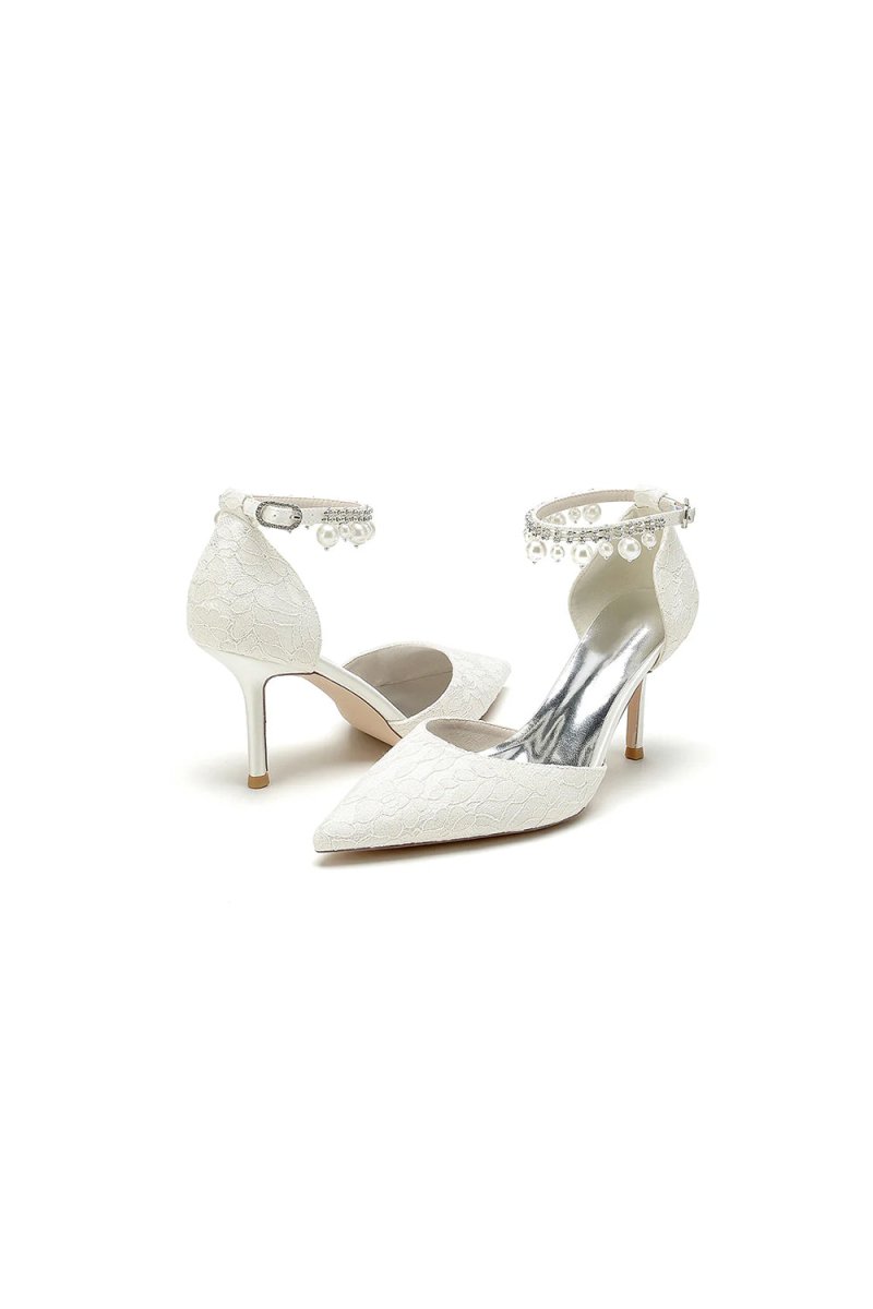 Pointed Toe Bridal Heels Pearl Strap - KissProm