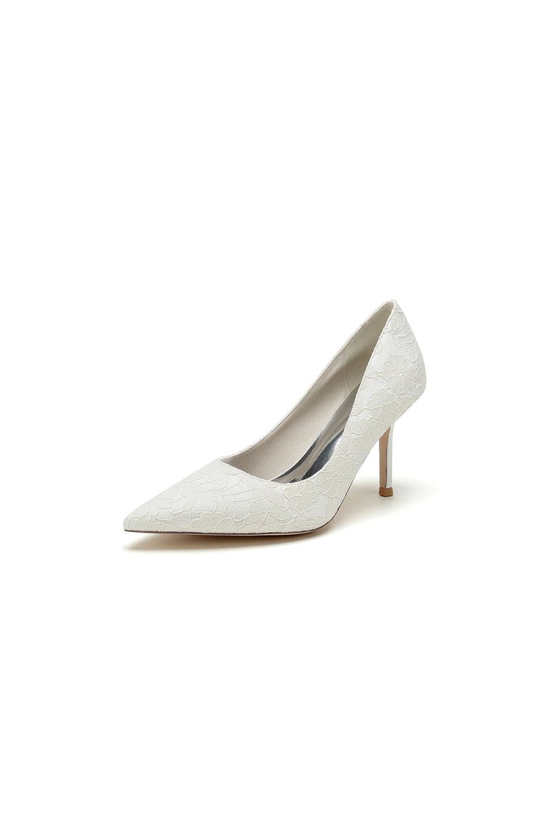 Simple Pointed Toe Lace Wedding Heels - KissProm