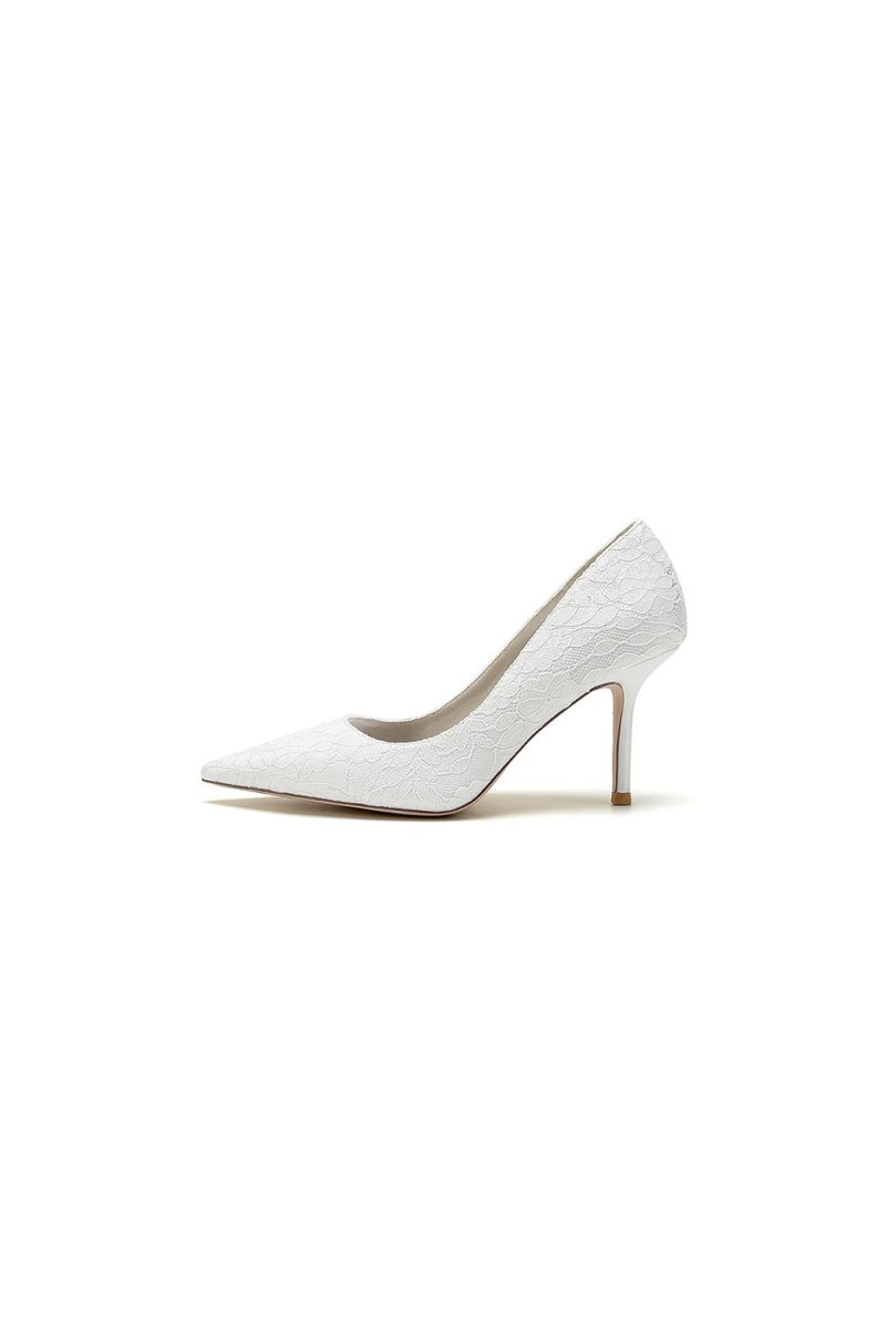 Simple Pointed Toe Lace Wedding Heels - KissProm