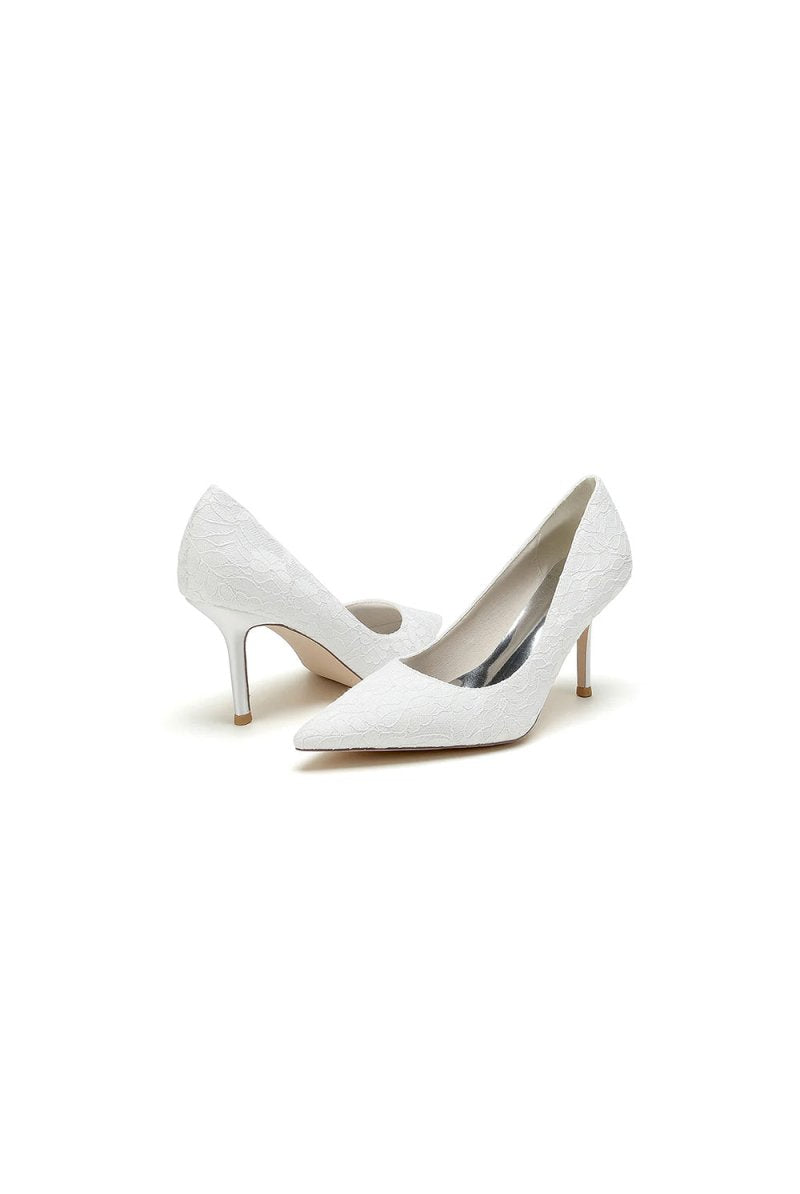 Simple Pointed Toe Lace Wedding Heels - KissProm
