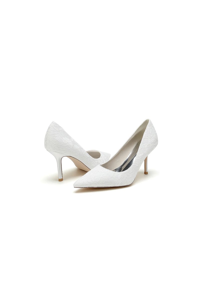 Simple Pointed Toe Lace Wedding Heels - KissProm
