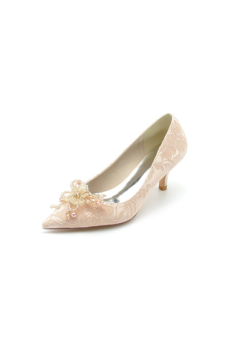 Pointed Toe Lace Wedding Shoes with Flower - KissProm