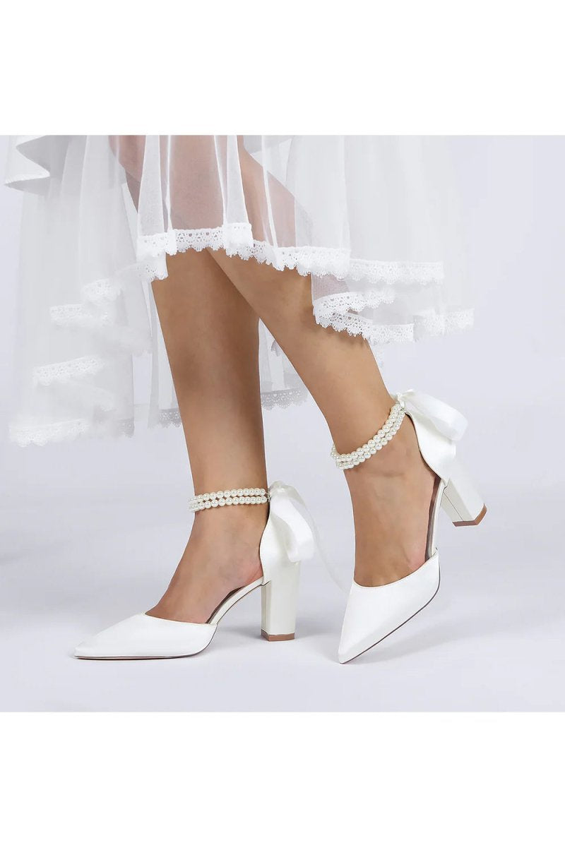 Pointed Toe Pearl Ribbon Ankle Strap Chunky Heel - KissProm