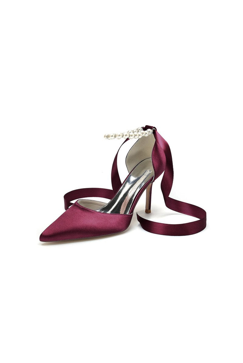 Pointed Toe Pearl Strap Ribbon Tie High Heel - KissProm